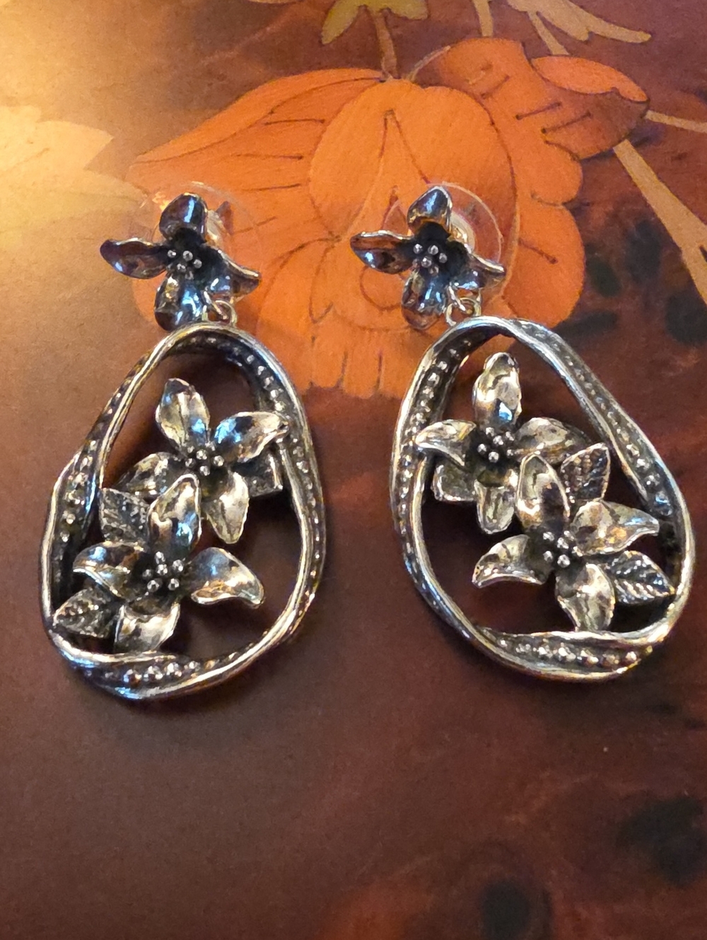 Or Paz Israel Vintage Silver Floral Drop Earrings